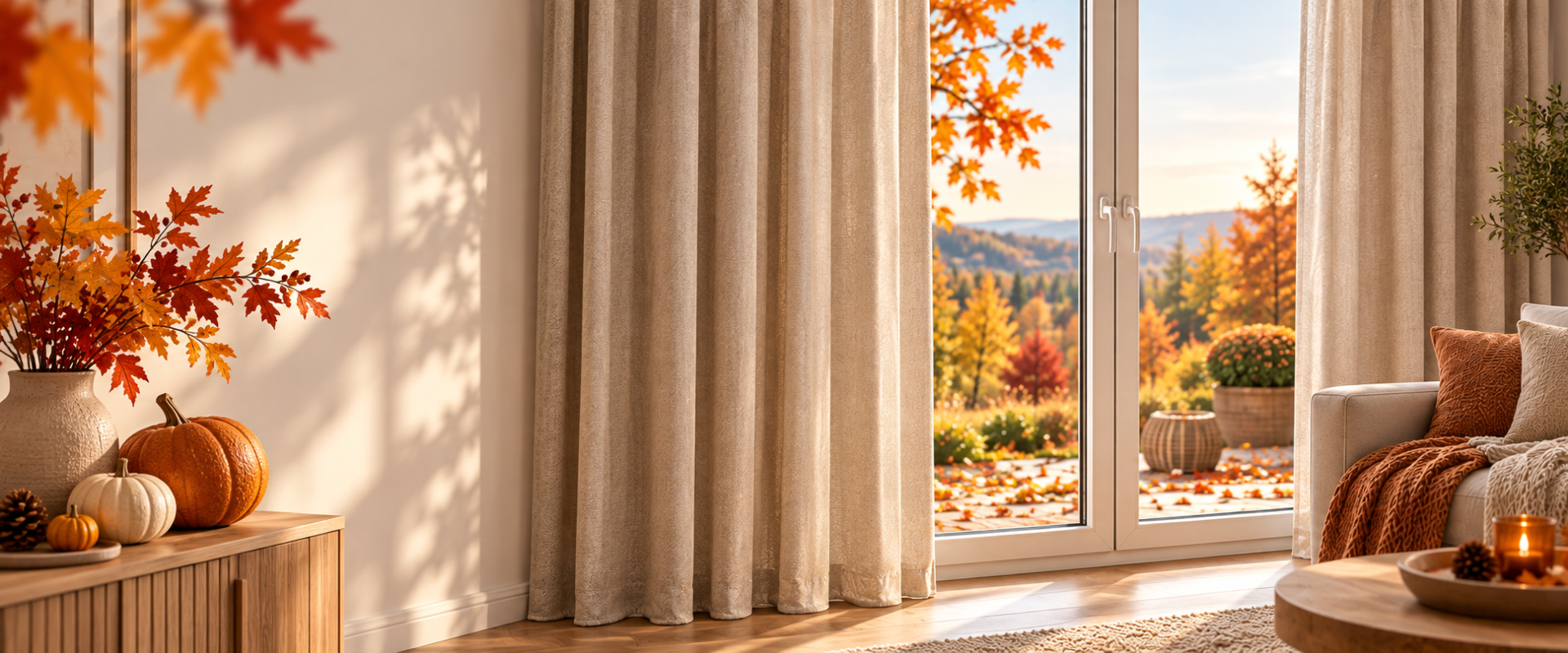 Gemütliches Herbstwohnzimmer mit Thermogardinen